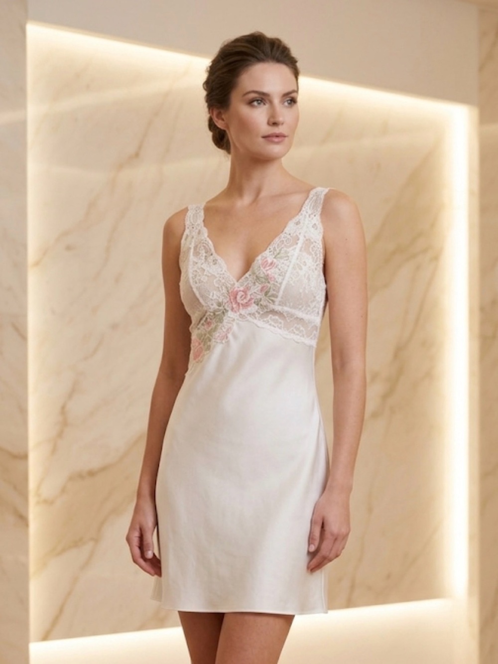 Linea Donatella White Satin & Lace Slip Nightgown Floral Embroidery NWT Size M